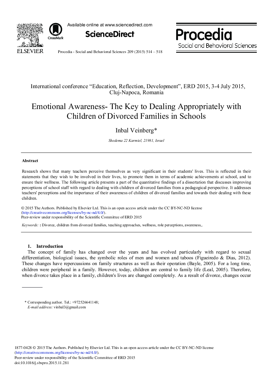 Emotional Awareness – The Key to Dealing Appropriately with Children of Divorced Families in Schools 