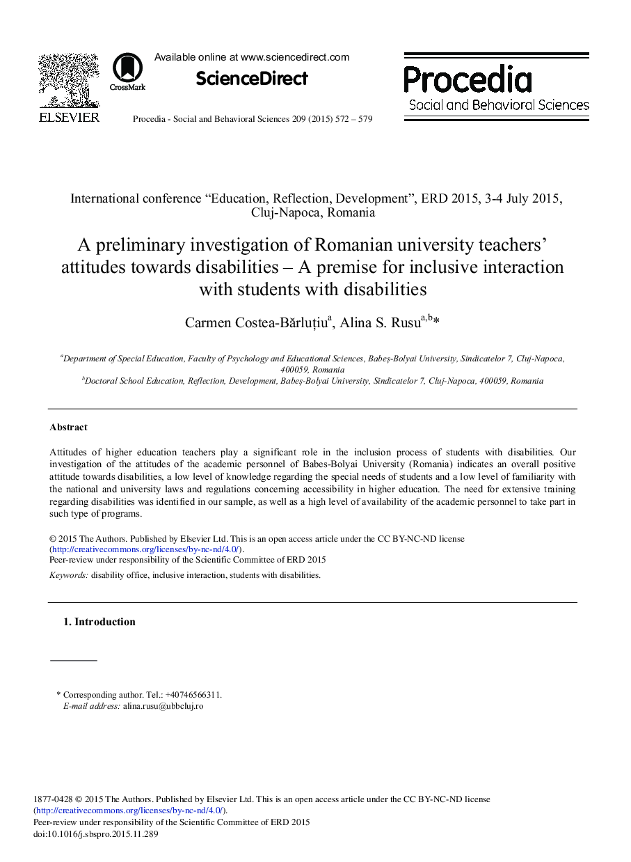 A Preliminary Investigation of Romanian University Teachers’ Attitudes towards Disabilities – A Premise for Inclusive Interaction with Students with Disabilities 