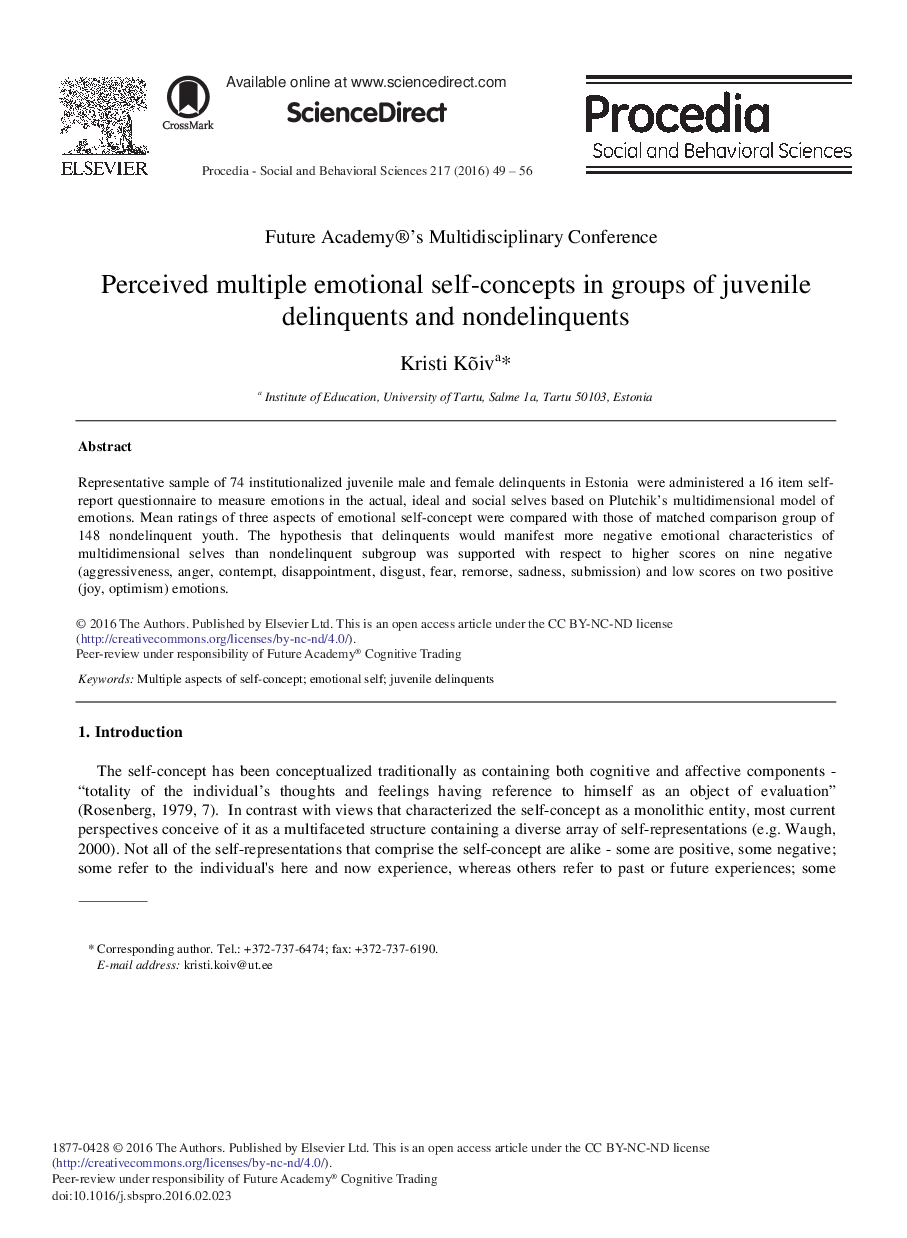 Perceived Multiple Emotional Self-concepts in Groups of Juvenile Delinquents and Nondelinquents 