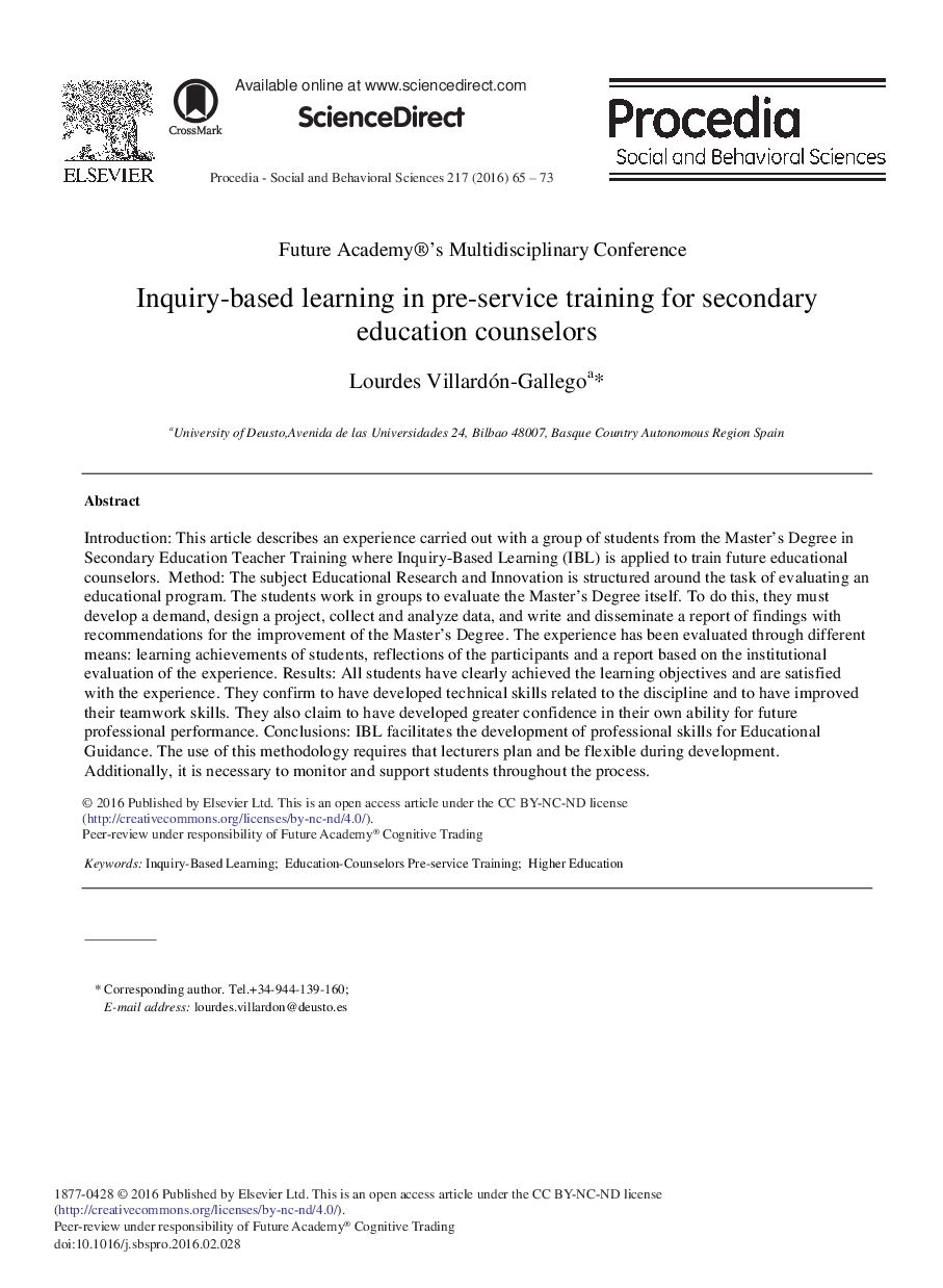 Inquiry-based Learning in Pre-service Training for Secondary Education Counselors 