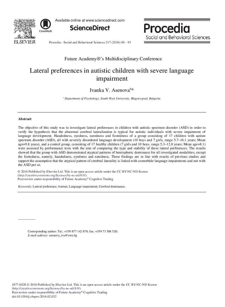 Lateral Preferences in Autistic Children with Severe Language Impairment 