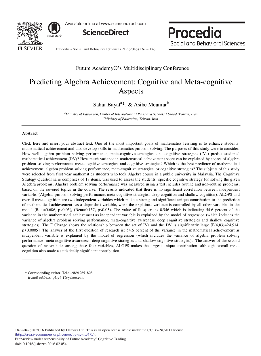 Predicting Algebra Achievement: Cognitive and Meta-cognitive Aspects 