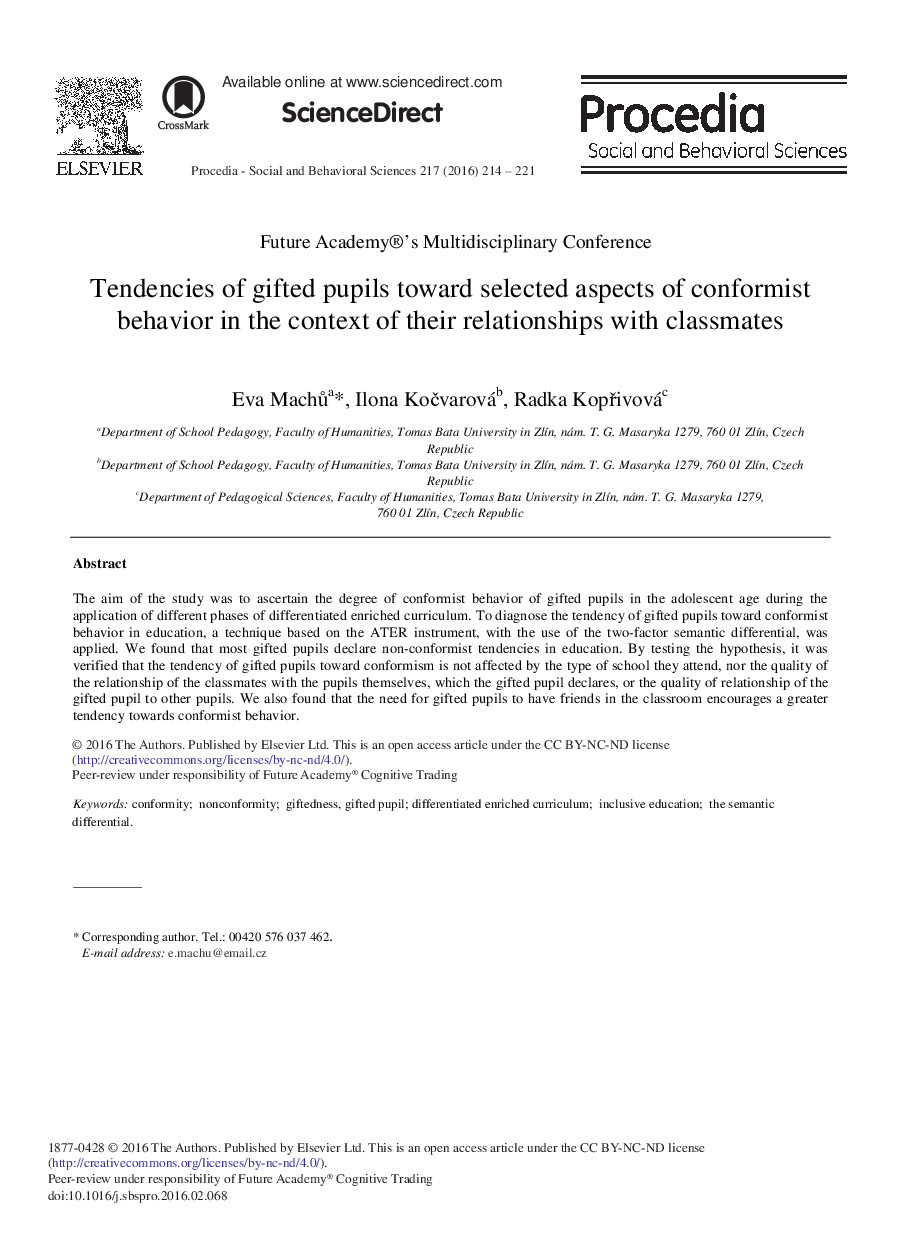 Tendencies of Gifted Pupils toward Selected Aspects of Conformist Behavior in the Context of their Relationships with Classmates 