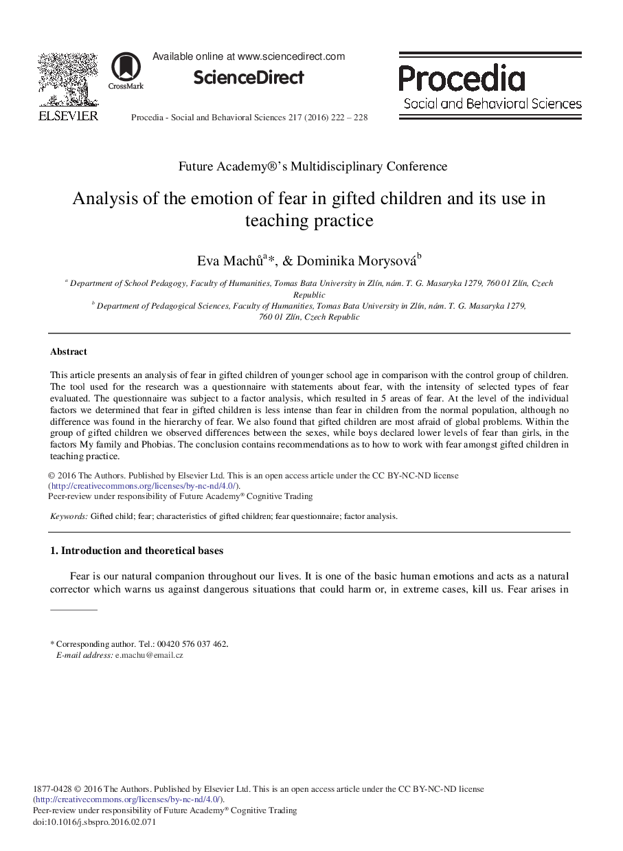 Analysis of the Emotion of Fear in Gifted Children and its Use in Teaching Practice 