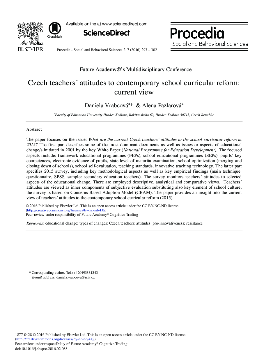 Czech Teacherś Attitudes to Contemporary School Curricular Reform: Current View 