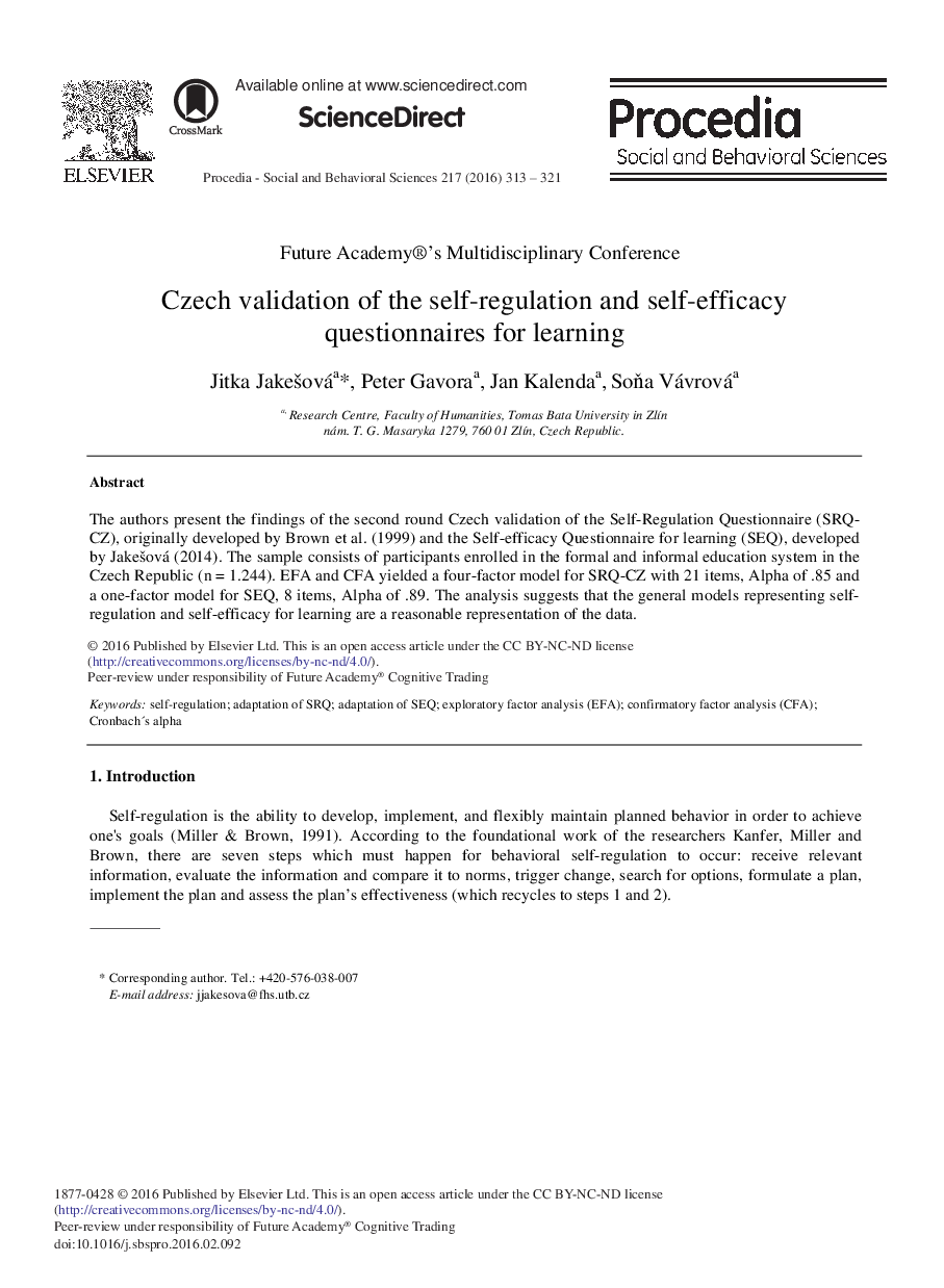 Czech Validation of the Self-regulation and Self-efficacy Questionnaires for Learning 