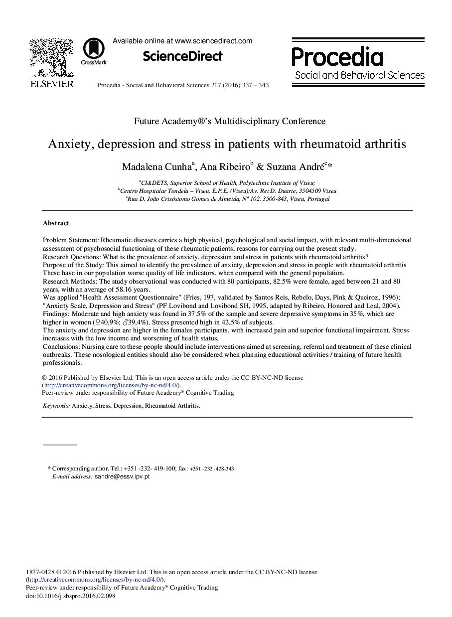 Anxiety, Depression and Stress in Patients with Rheumatoid Arthritis 