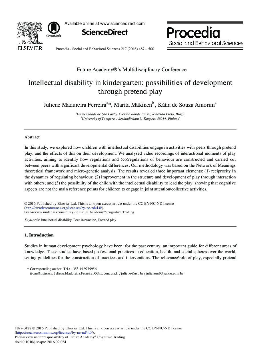 Intellectual Disability in kindergarten: Possibilities of Development through Pretend Play 