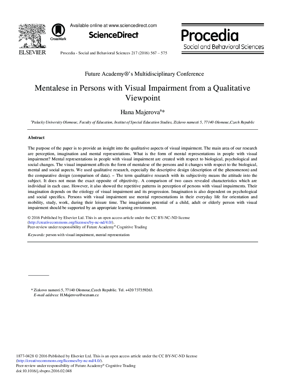 Mentalese in Persons with Visual Impairment from a Qualitative Viewpoint 