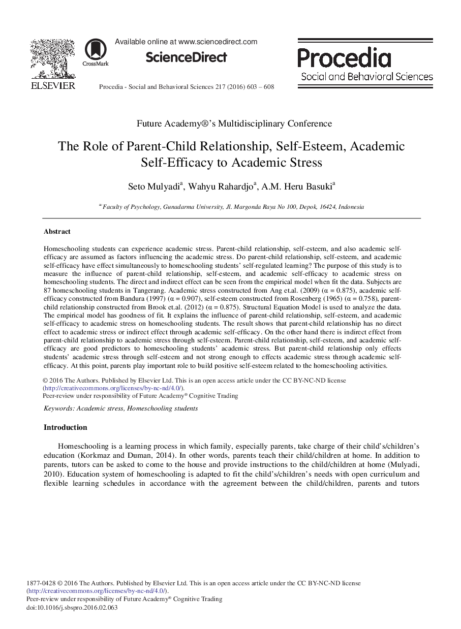 The Role of Parent-child Relationship, Self-esteem, Academic Self-efficacy to Academic Stress 