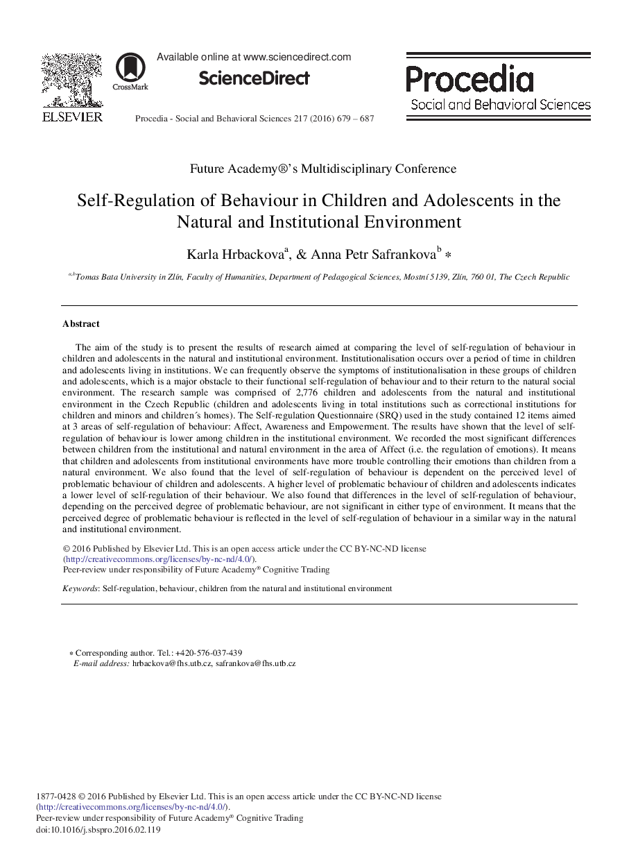 Self-Regulation of Behaviour in Children and Adolescents in the Natural and Institutional Environment 