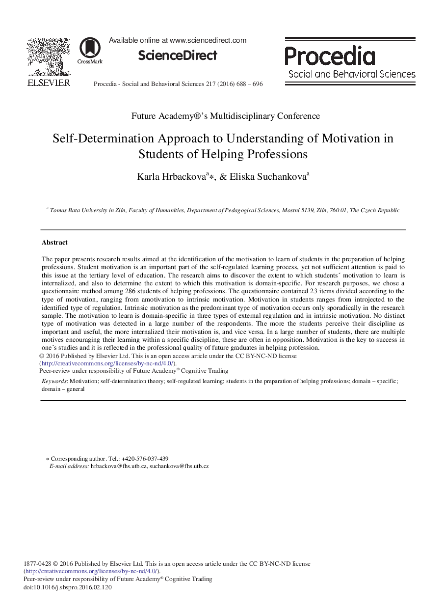 Self-Determination Approach to Understanding of Motivation in Students of Helping Professions 