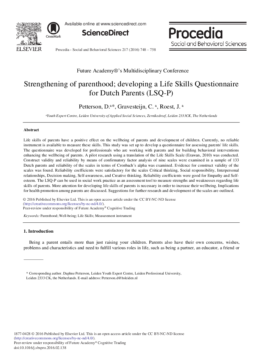 Strengthening of Parenthood; Developing a Life Skills Questionnaire for Dutch Parents (LSQ-P) 