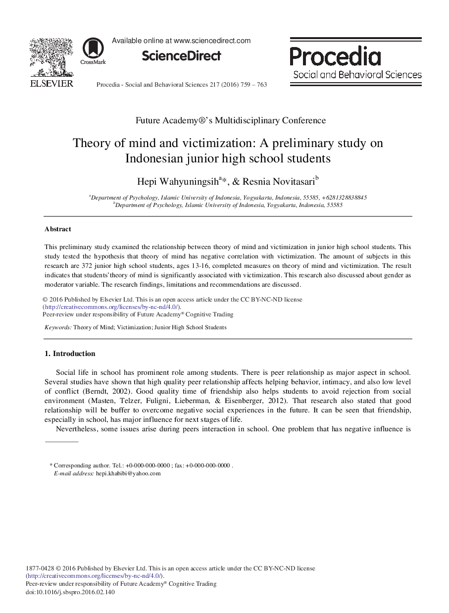 Theory of Mind and Victimization: A Preliminary Study on Indonesian Junior High School Students 