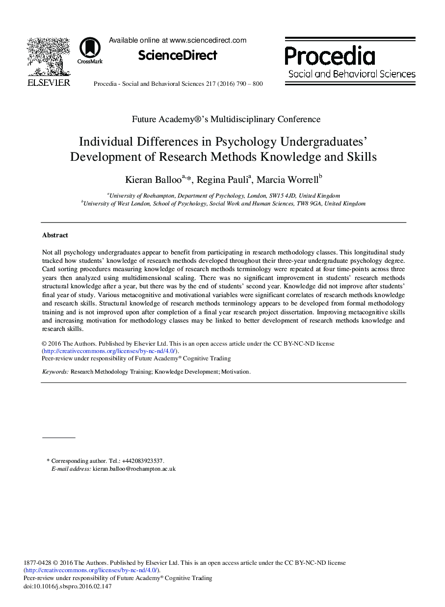 Individual Differences in Psychology Undergraduates’ Development of Research Methods Knowledge and Skills 