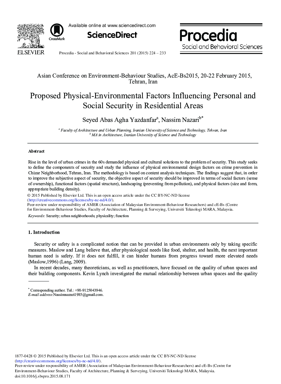 Proposed Physical-environmental Factors Influencing Personal and Social Security in Residential Areas 