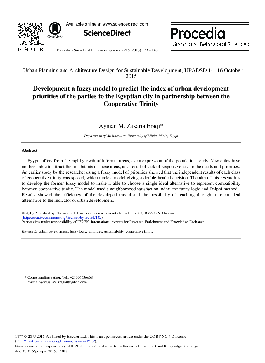 Development a Fuzzy Model to Predict the Index of Urban Development Priorities of the Parties to the Egyptian City in Partnership between the Cooperative Trinity 