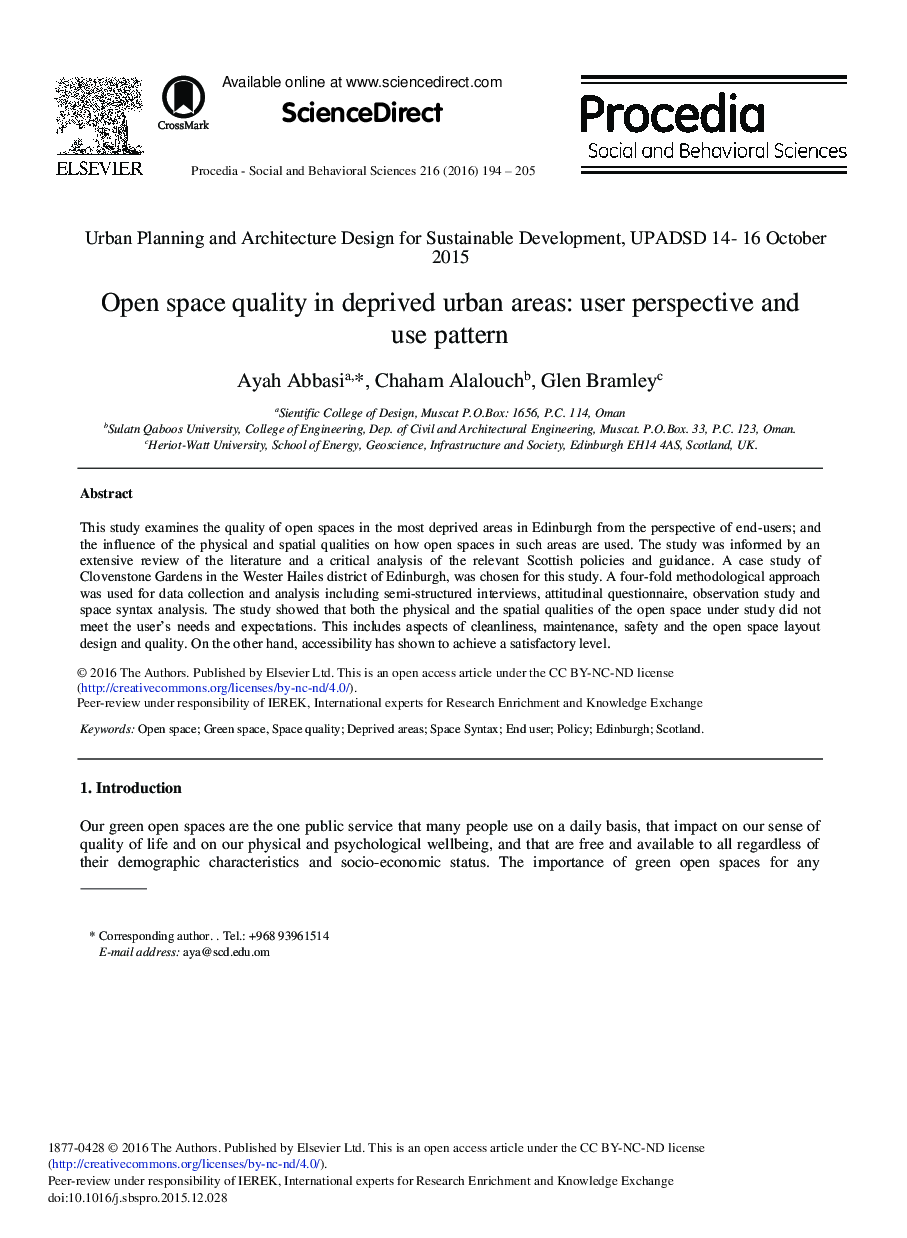 Open Space Quality in Deprived Urban Areas: User Perspective and Use Pattern 