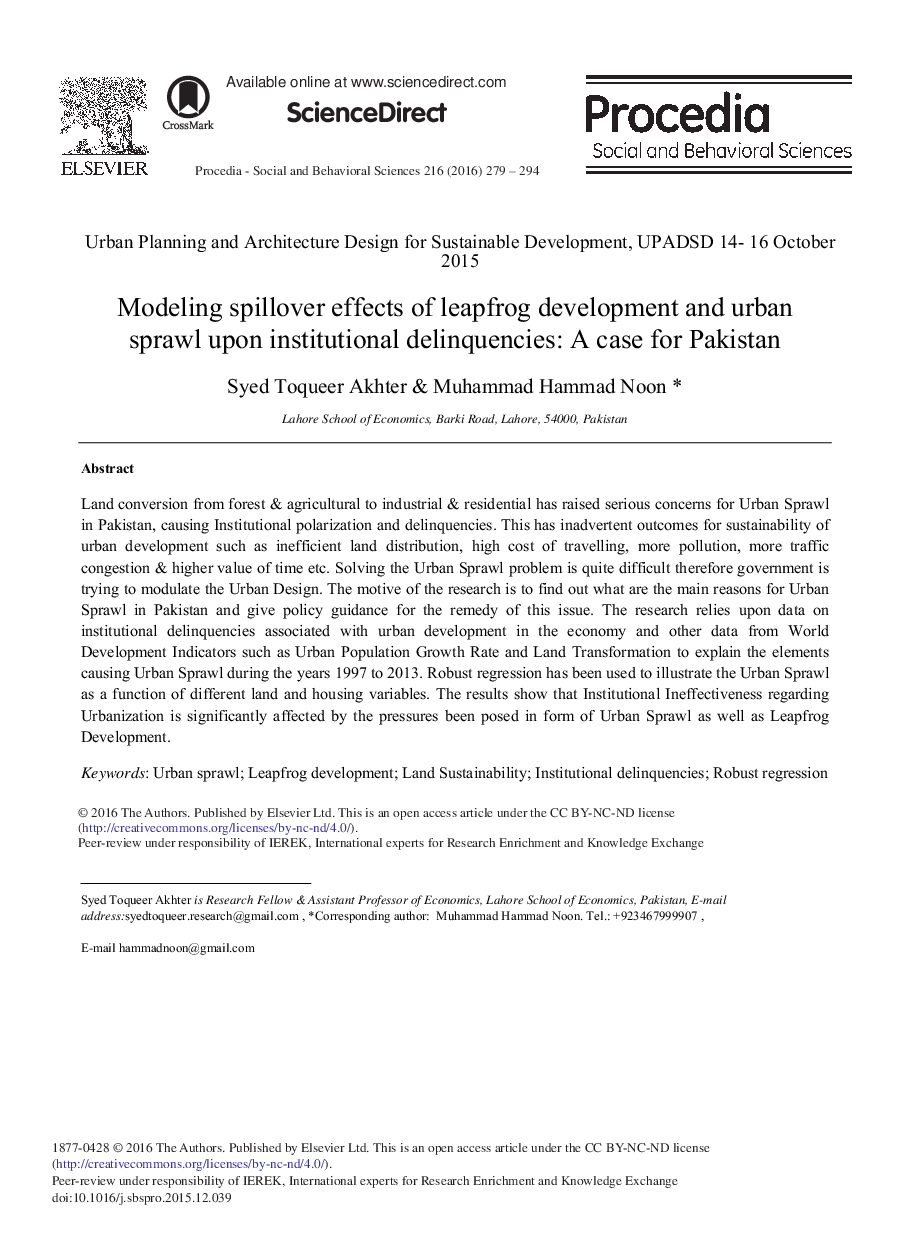 Modeling Spillover Effects of Leapfrog Development and Urban Sprawl upon Institutional Delinquencies: A Case for Pakistan 