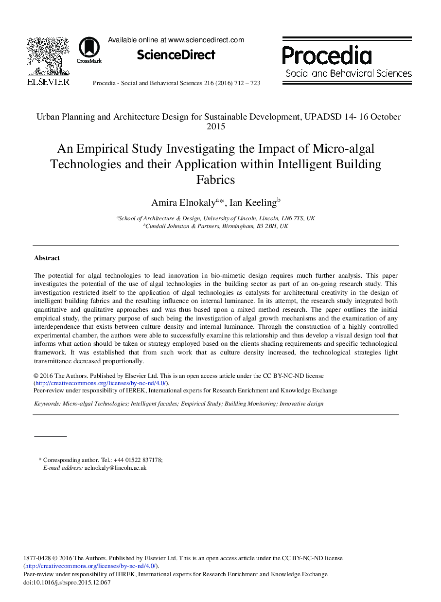 An Empirical Study Investigating the Impact of Micro-algal Technologies and their Application within Intelligent Building Fabrics 