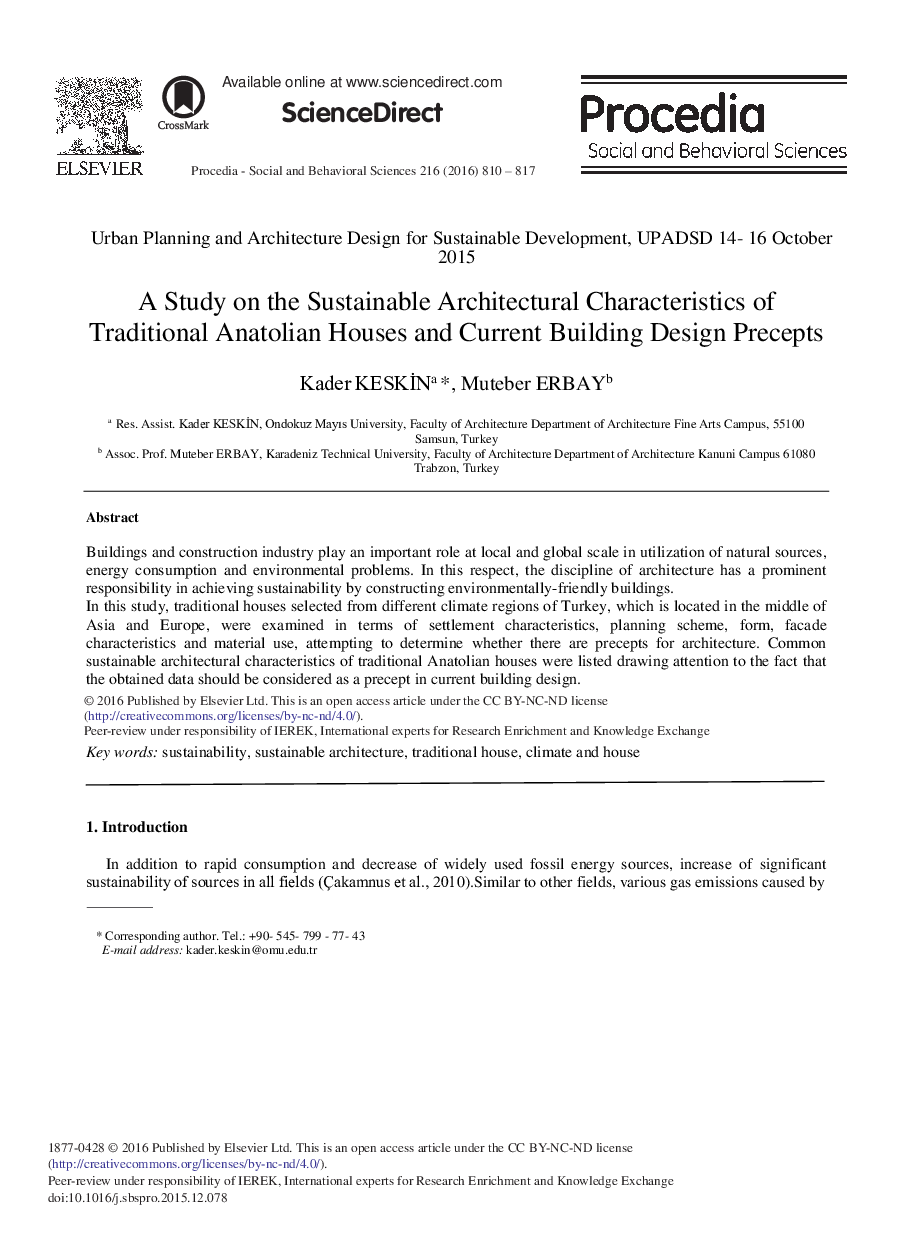 A Study on the Sustainable Architectural Characteristics of Traditional Anatolian Houses and Current Building Design Precepts 