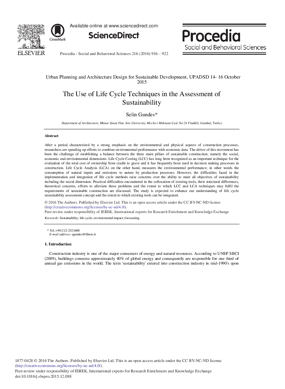 The Use of Life Cycle Techniques in the Assessment of Sustainability 