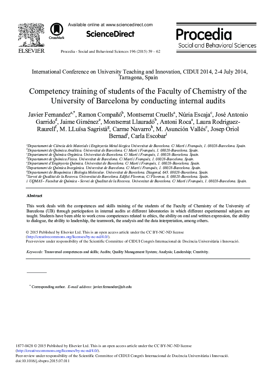 Competency Training of Students of the Faculty of Chemistry of the University of Barcelona by Conducting Internal Audits 