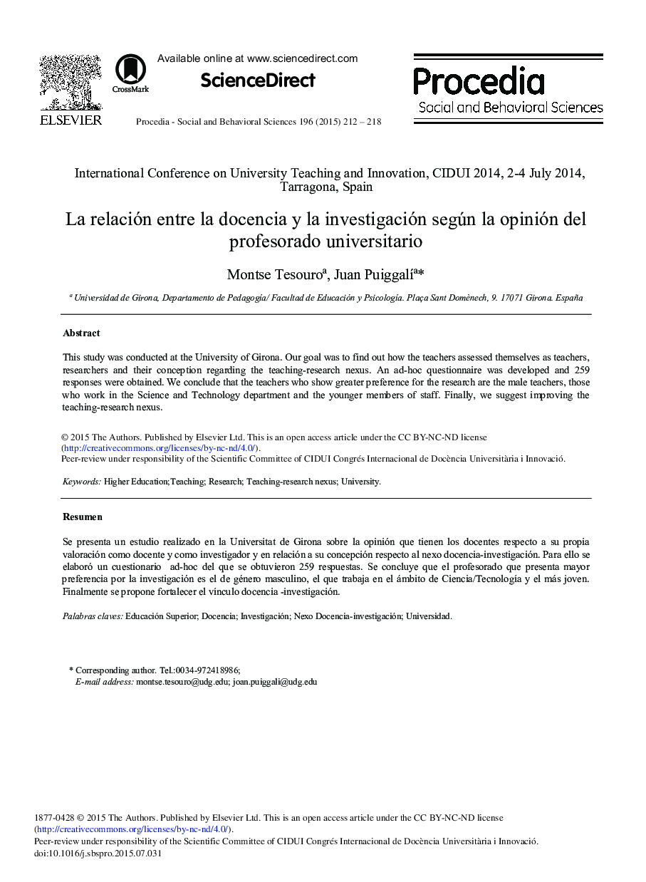 La Relación entre la Docencia y la Investigación Según la Opinión del Profesorado Universitario 