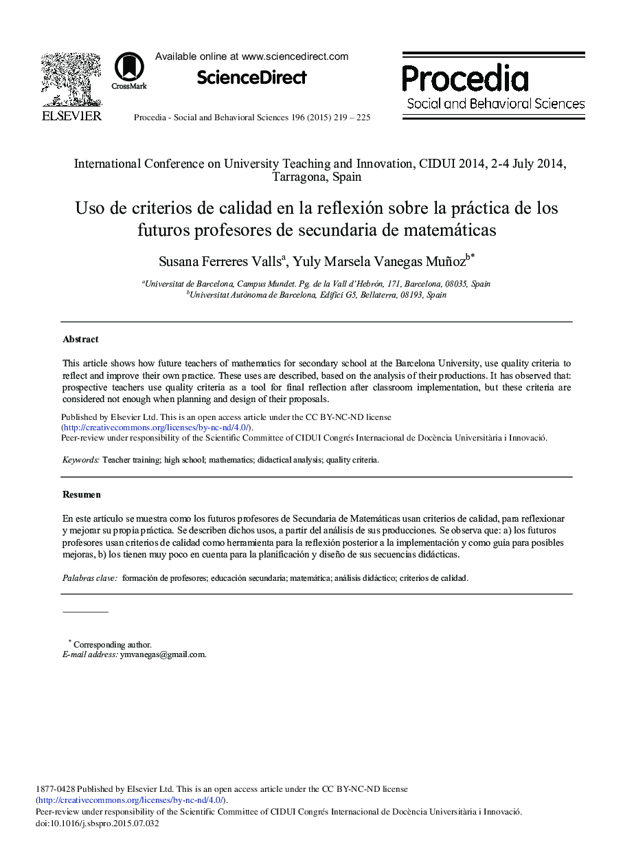 Uso de Criterios de Calidad en la Reflexión Sobre la Práctica de Los Futuros Profesores de Secundaria de Matemáticas 