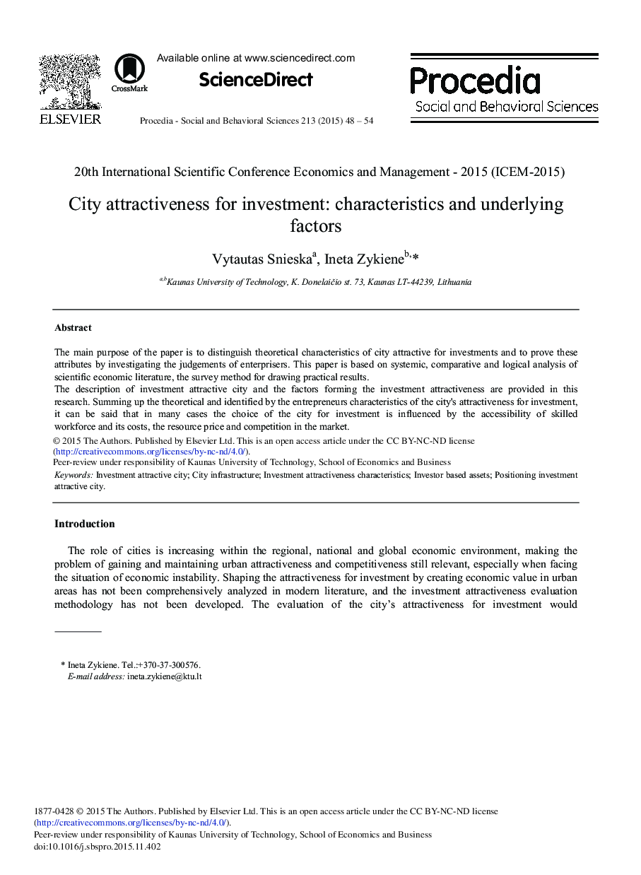 City Attractiveness for Investment: Characteristics and Underlying Factors 