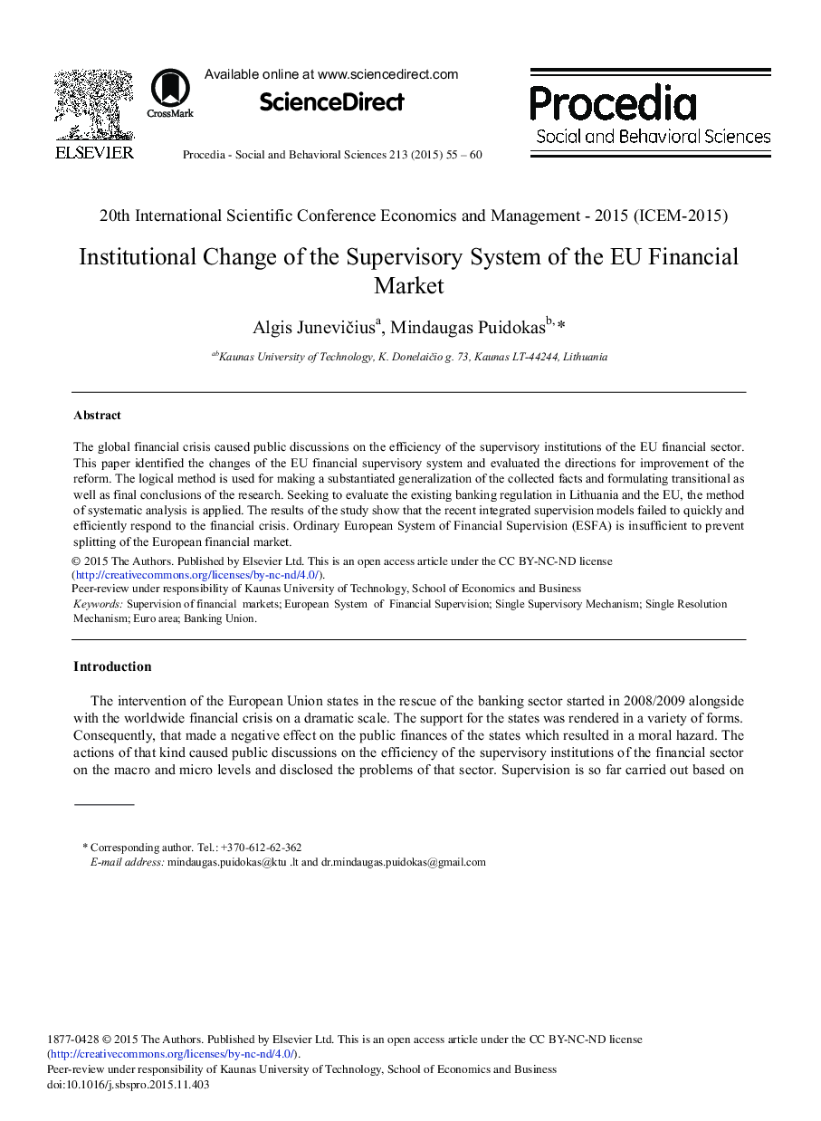 Institutional Change of the Supervisory System of the EU Financial Market 