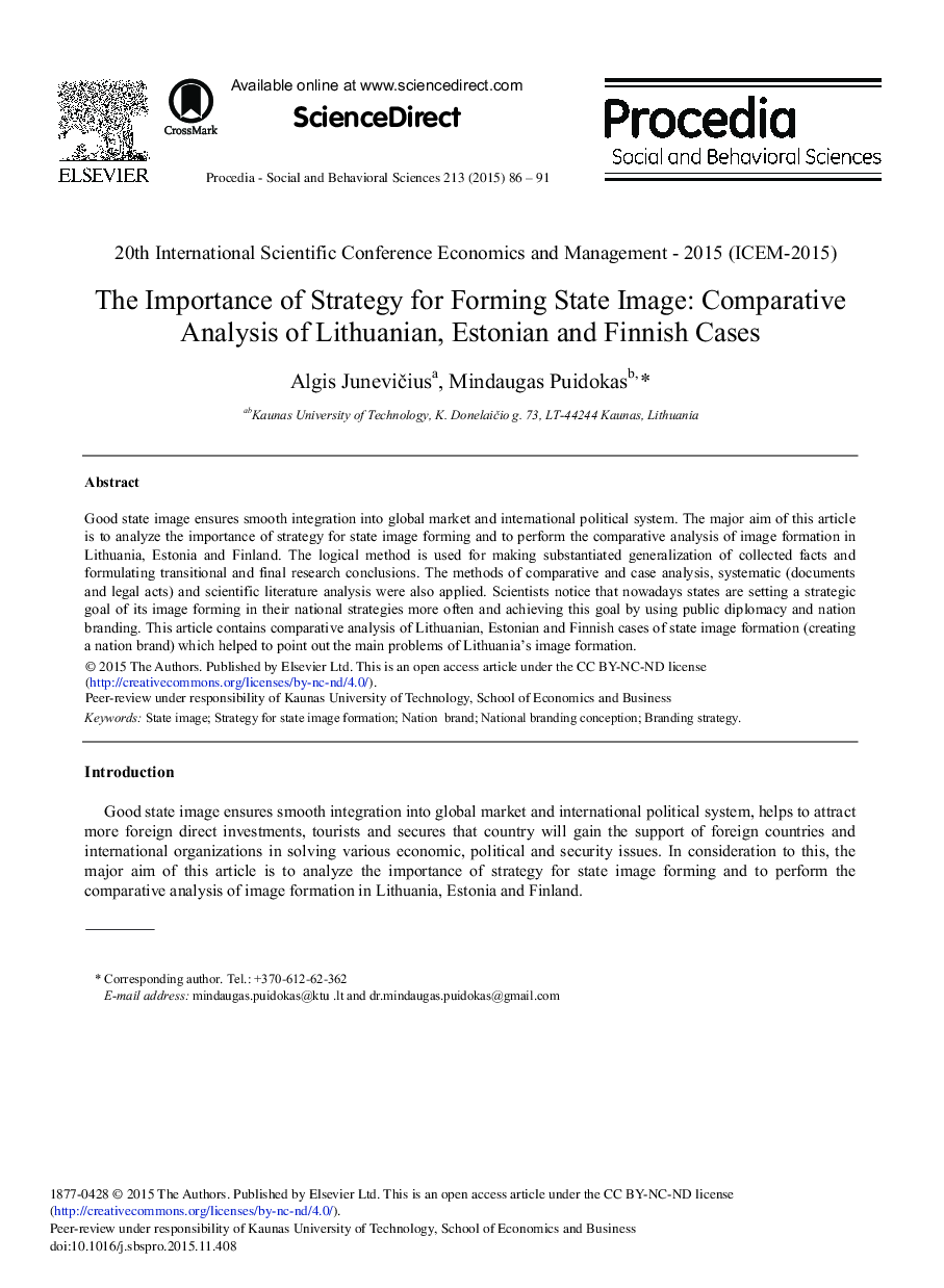 The Importance of Strategy for Forming State Image: Comparative Analysis of Lithuanian, Estonian and Finnish Cases 