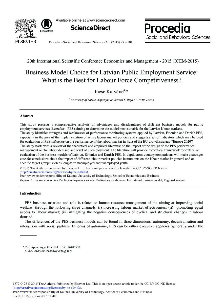 Business Model Choice for Latvian Public Employment Service: What is the Best for Labour Force Competitiveness? 