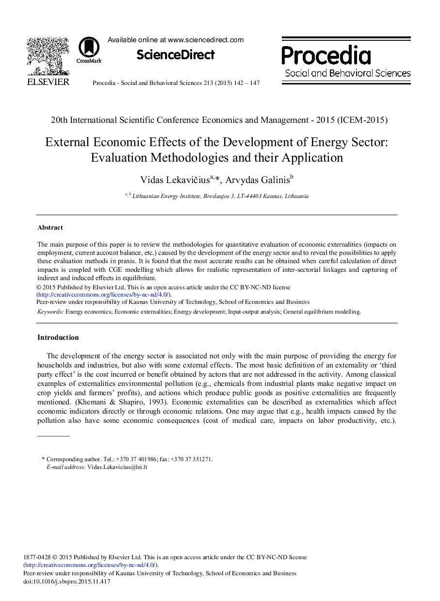 External Economic Effects of the Development of Energy Sector: Evaluation Methodologies and their Application 