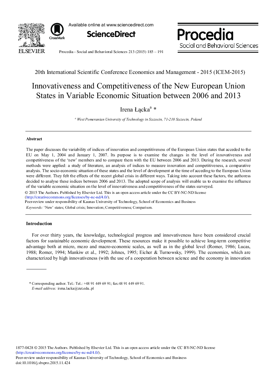 Innovativeness and Competitiveness of the New European Union States in Variable Economic Situation between 2006 and 2013 