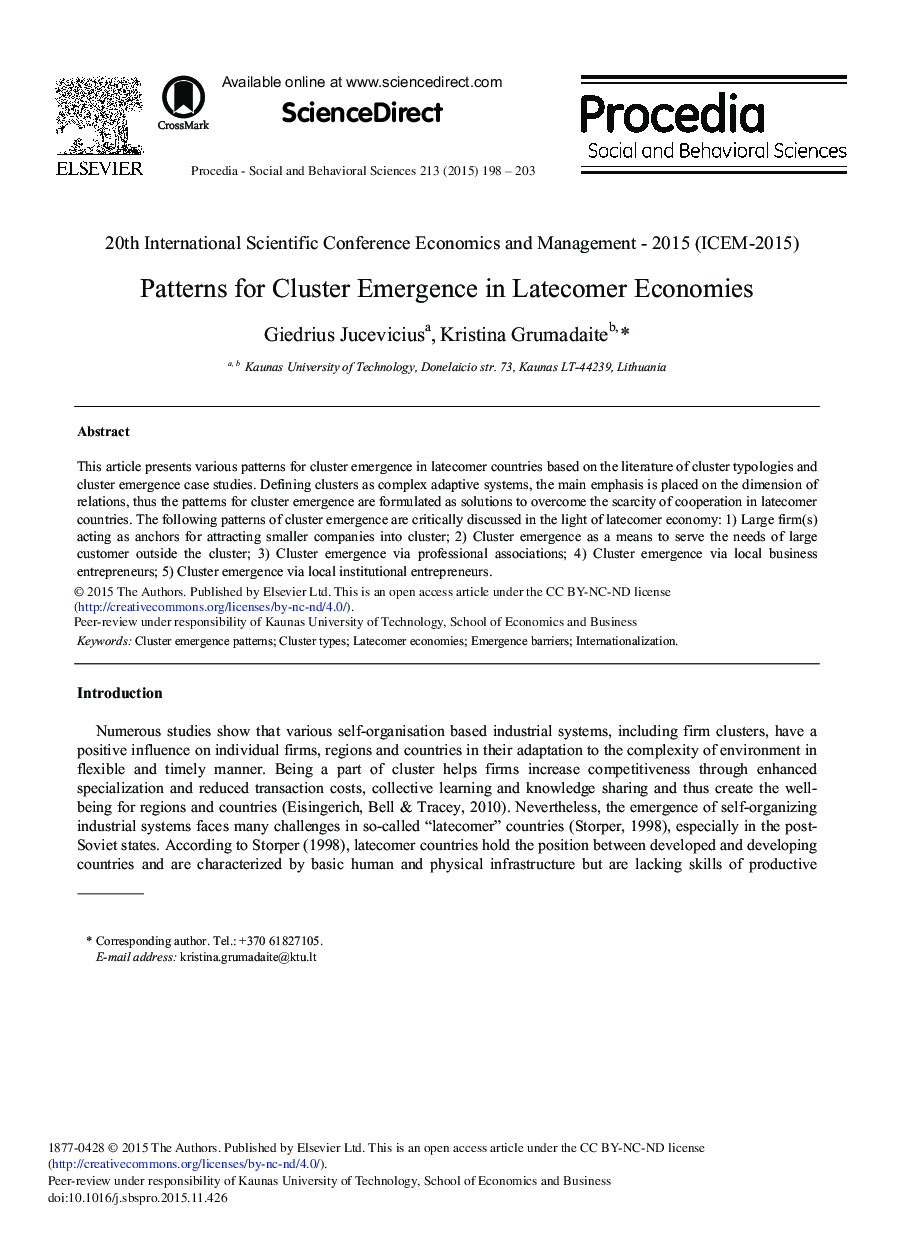 Patterns for Cluster Emergence in Latecomer Economies 