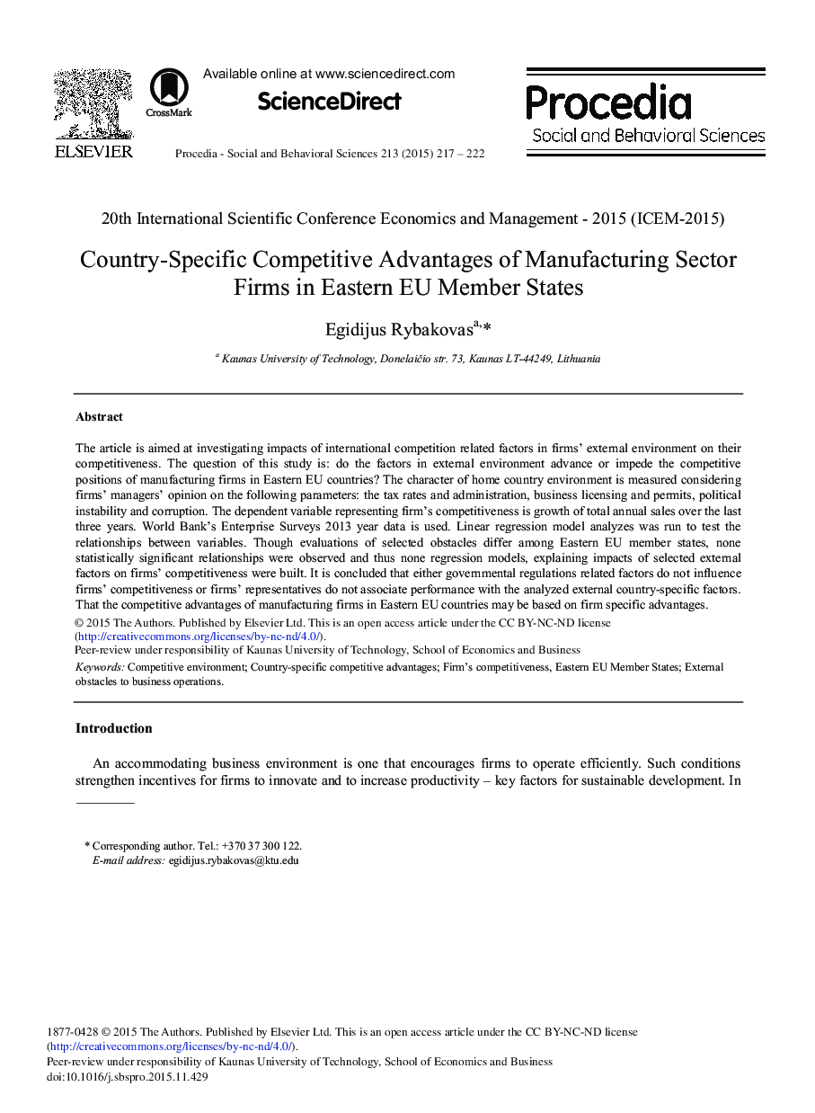 Country-Specific Competitive Advantages of Manufacturing Sector Firms in Eastern EU Member States 