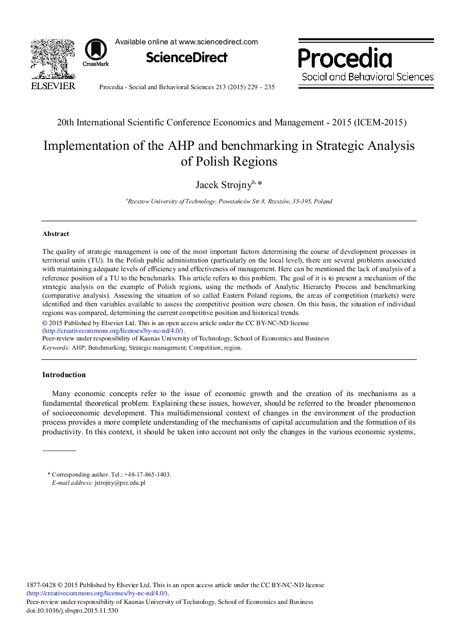 Implementation of the AHP and Benchmarking in Strategic Analysis of Polish Regions 