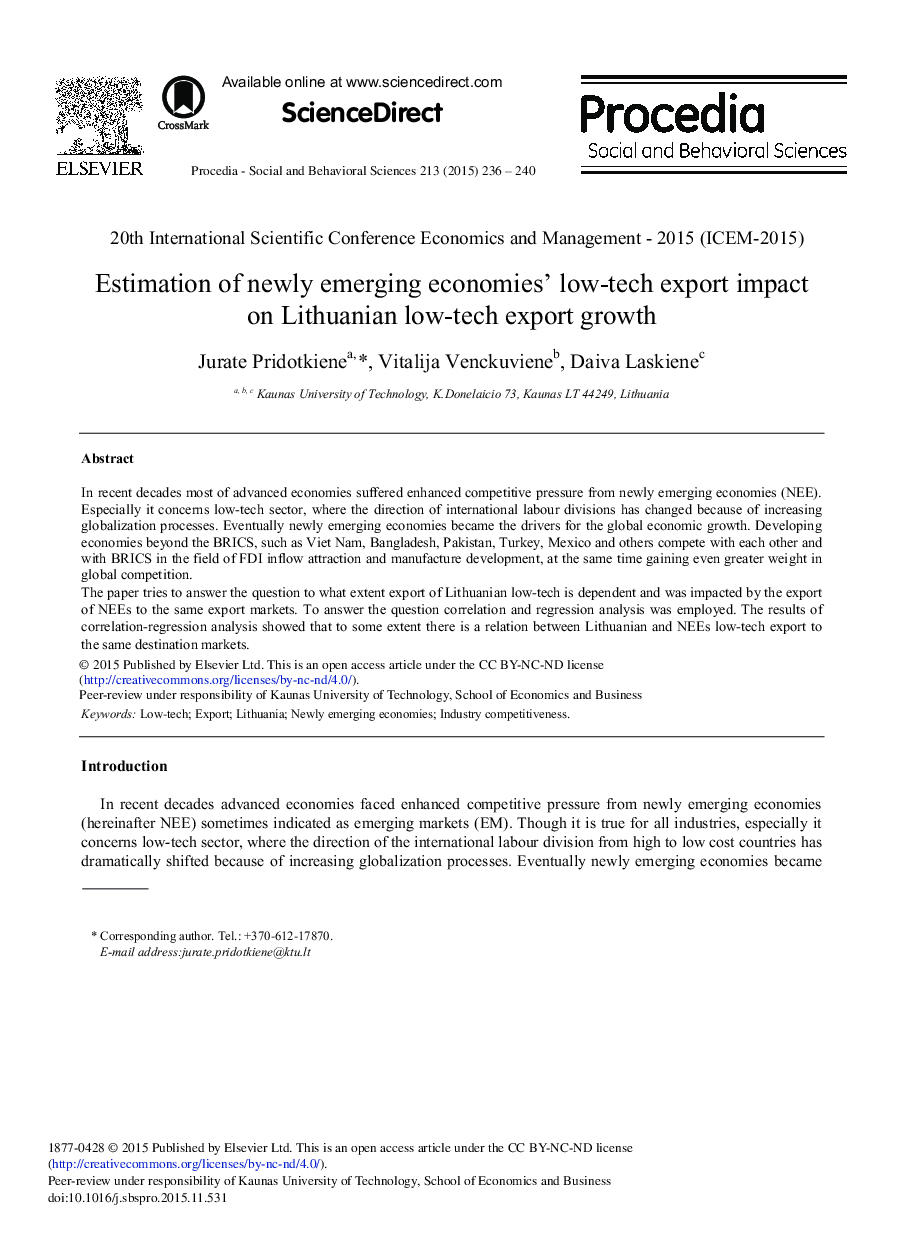 Estimation of Newly Emerging Economies’ Low-tech Export Impact on Lithuanian Low-tech Export Growth 