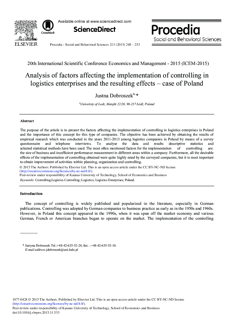 Analysis of Factors Affecting the Implementation of Controlling in Logistics Enterprises and the Resulting Effects – Case of Poland 