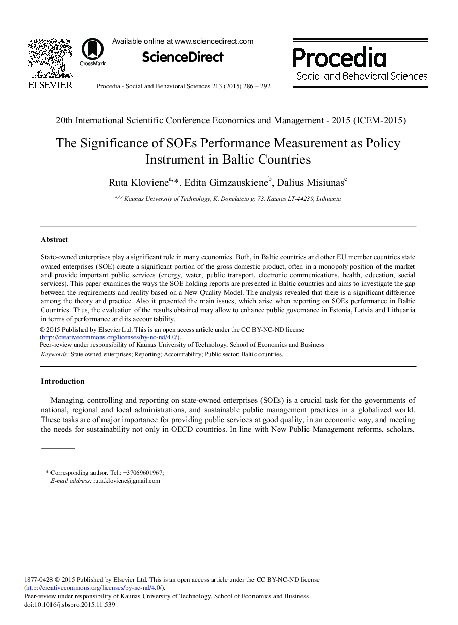 The Significance of SOEs Performance Measurement as Policy Instrument in Baltic Countries 