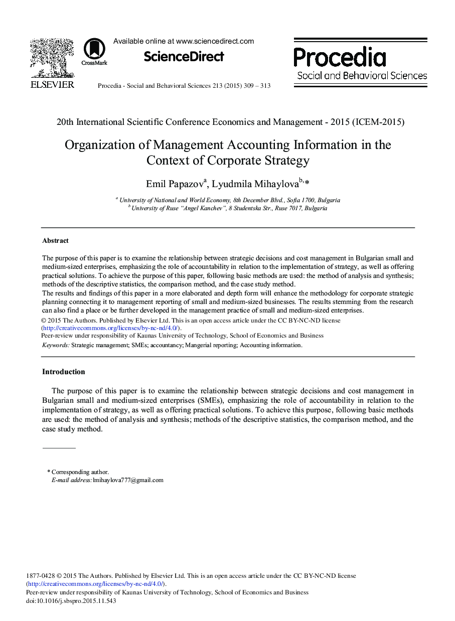 Organization of Management Accounting Information in the Context of Corporate Strategy 