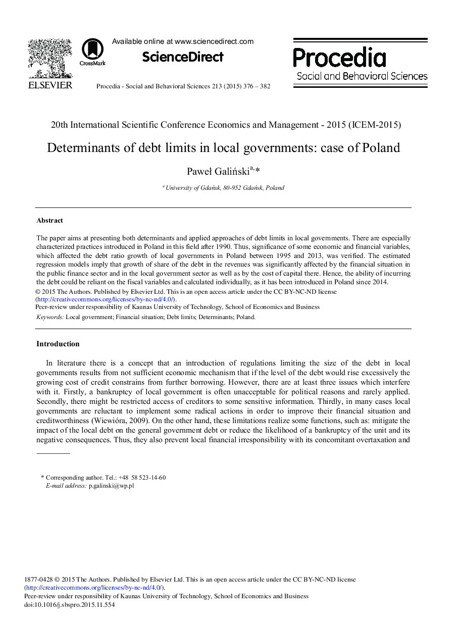 Determinants of Debt Limits in Local Governments: Case of Poland 