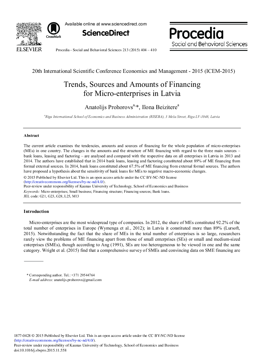 Trends, Sources and Amounts of Financing for Micro-enterprises in Latvia 