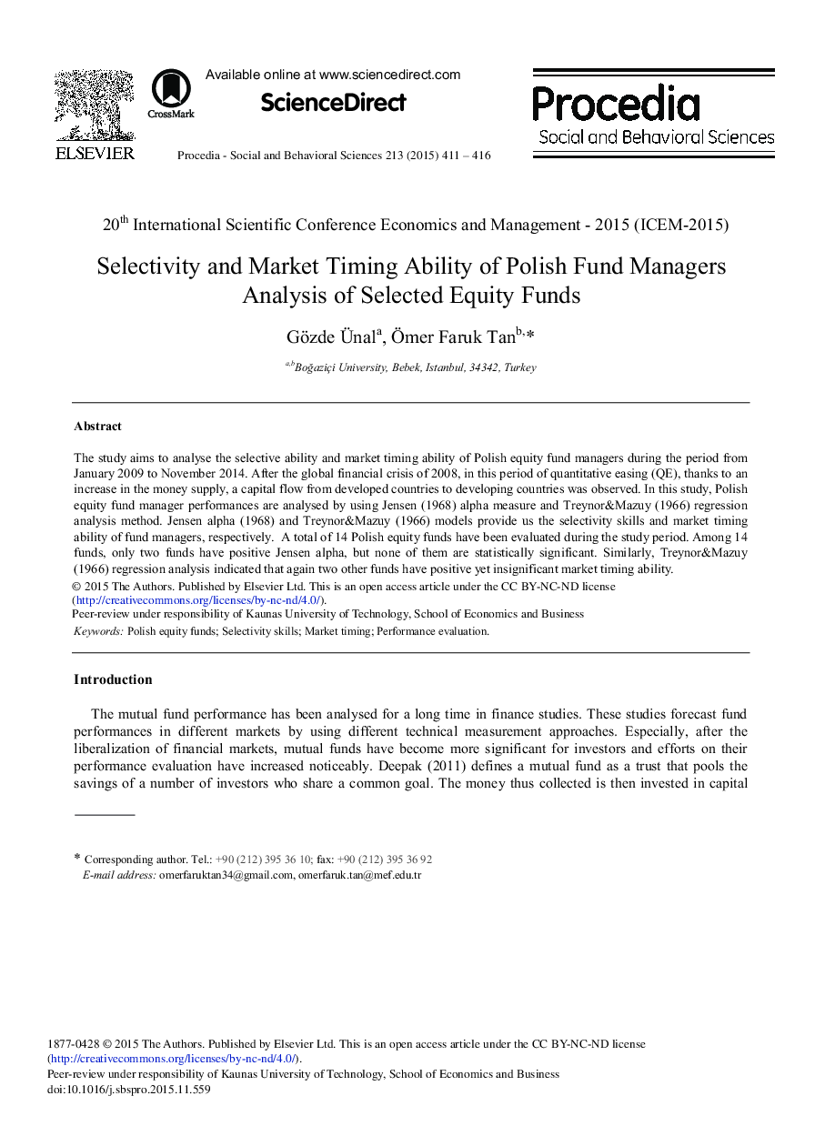 Selectivity and Market Timing Ability of Polish Fund Managers Analysis of Selected Equity Funds 