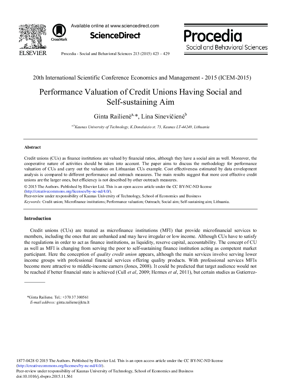 Performance Valuation of Credit Unions Having Social and Self-sustaining Aim 