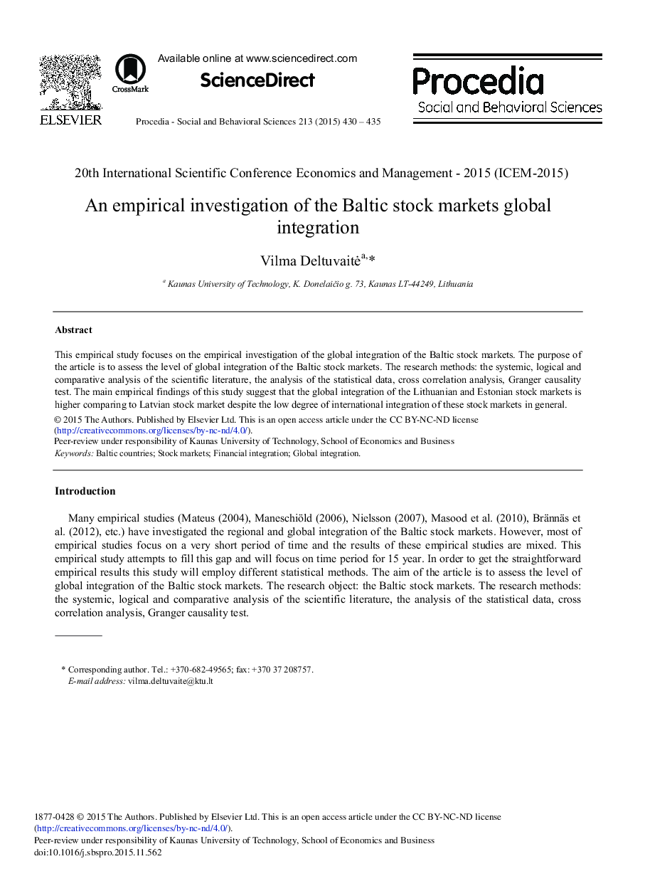 An Empirical Investigation of the Baltic Stock Markets Global Integration 