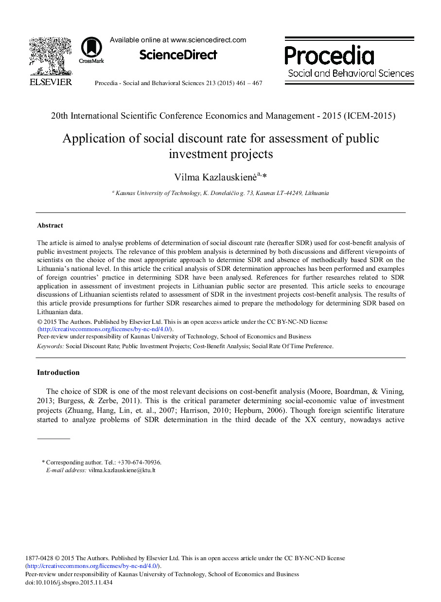 Application of Social Discount Rate for Assessment of Public Investment Projects 