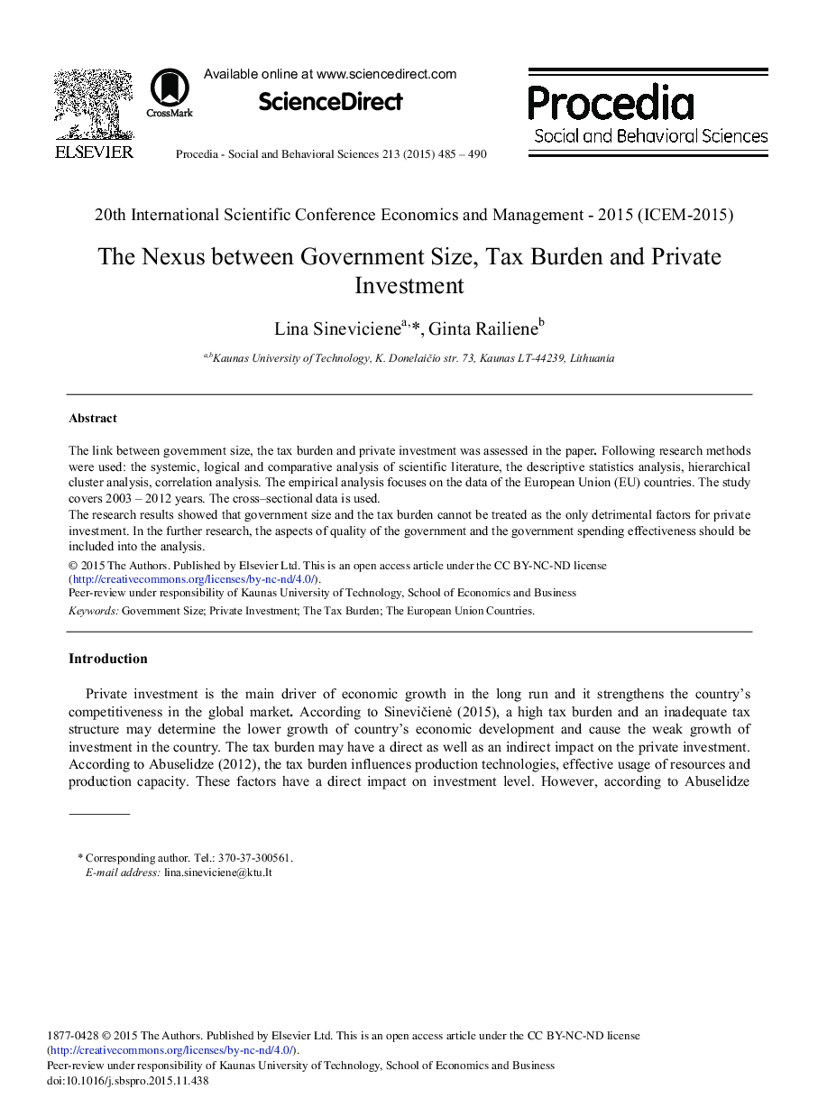 The Nexus between Government Size, Tax Burden and Private Investment 