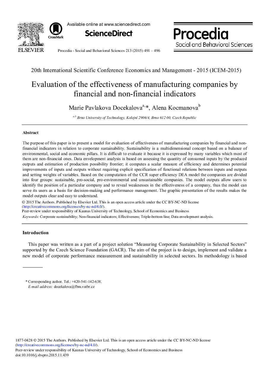 Evaluation of the Effectiveness of Manufacturing Companies by Financial and Non-financial Indicators 